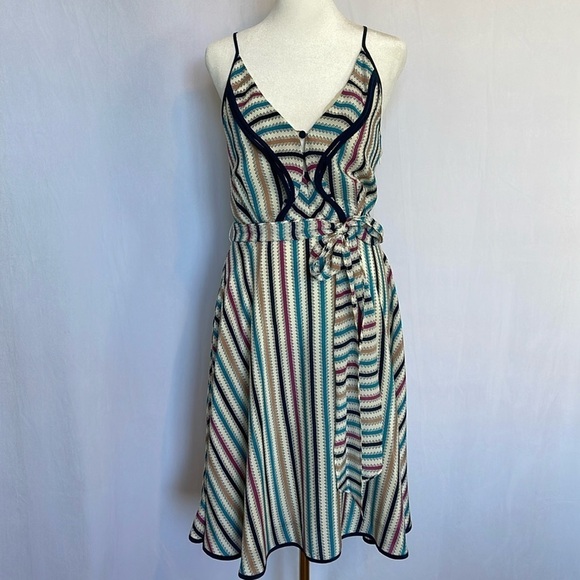 Anthropologie "Girls From Savoy" Midi Striped Silk Dress Sz 4 Coastal Party EUC - Picture 2 of 14